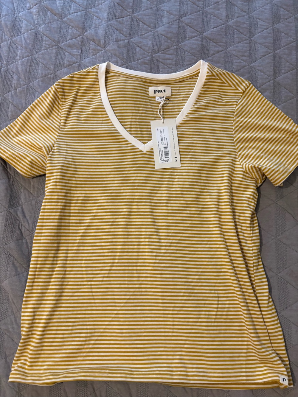 Pact Softspun V Neck Tee Organic Cotton Yellow  White Stripe Shirt Size M